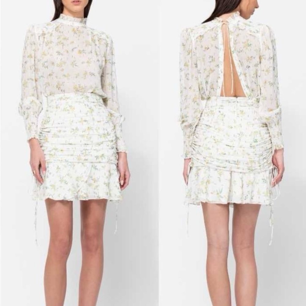 White floral reversible chiffon Ruffled Blouse with Bishop Sleeves
